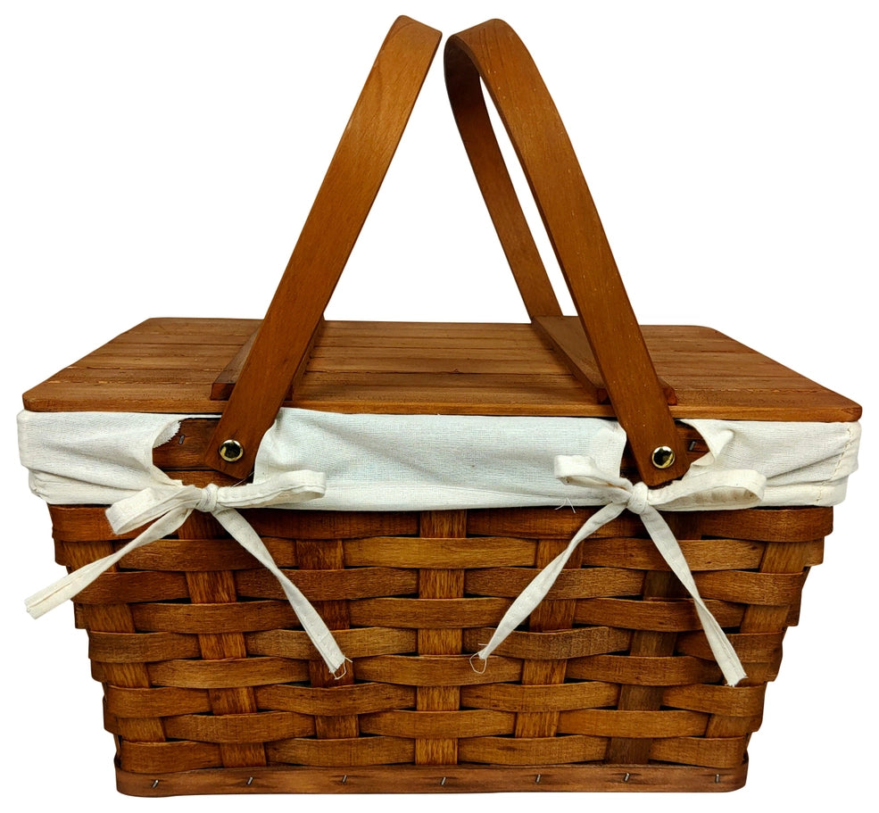Stained Woodchip Picnic Basket W/Cotton Liner